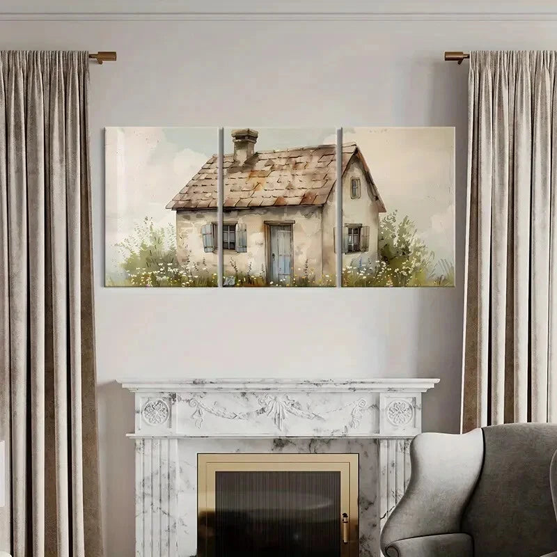 3pcs Rustic Cottage Vintage House Pastoral Scene Metal Print Ready to Hang Art