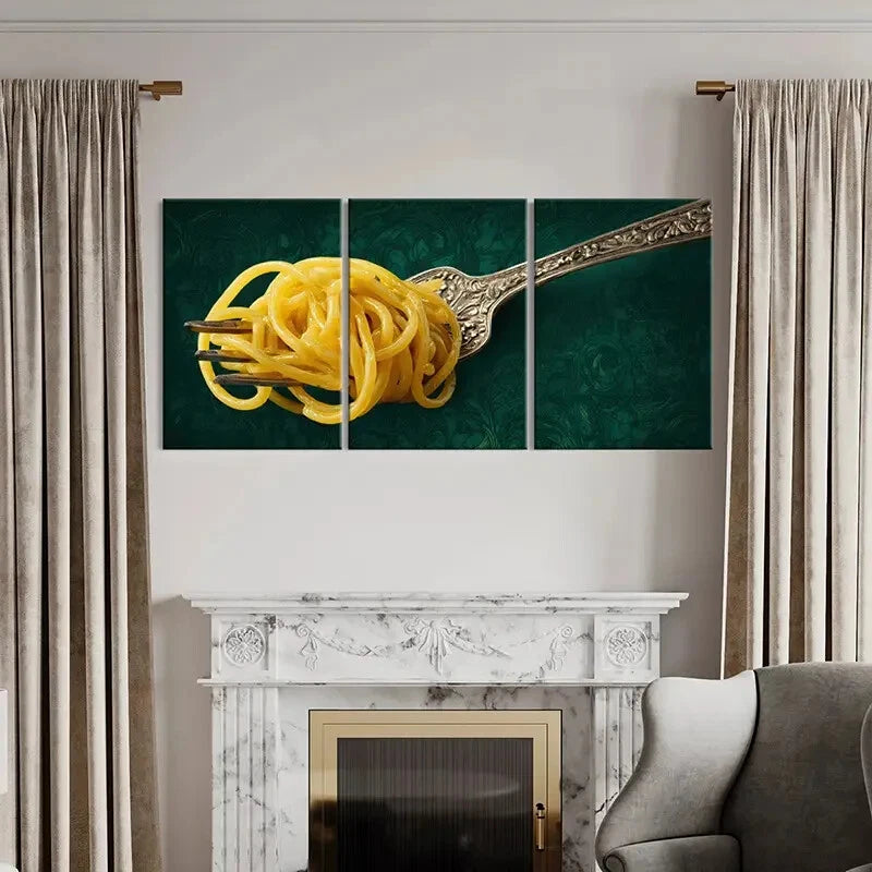 3pcs Elegant Fork with Pasta Intricate Design Metal Print Ready to Hang Art