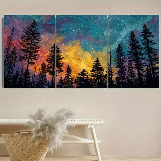 3pcs Magical Forest Twilight Pine Forest Wall Art Metal Print Ready to Hang Art
