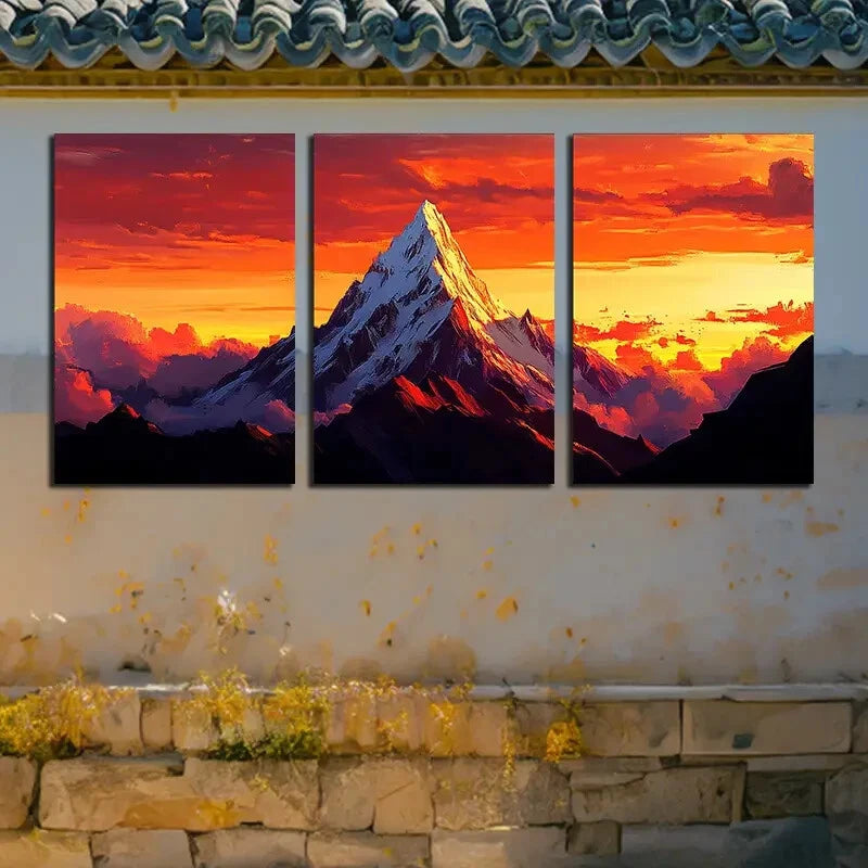 3pcs The Mountain Peak at Sunset Metal Print Ready to Hang Art