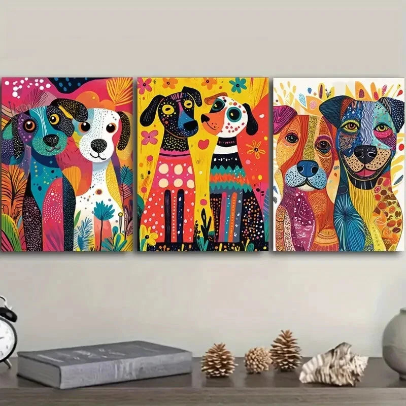 3pcs Whimsical Dogs Vibrant Abstract Metal Print Ready to Hang Art
