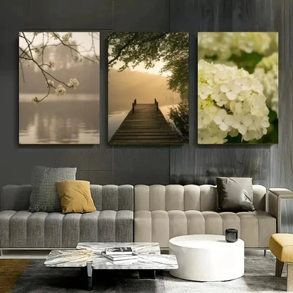 3pcs Cherry Blossom Wooden Pier Hydrangea Metal Print Ready to Hang Art
