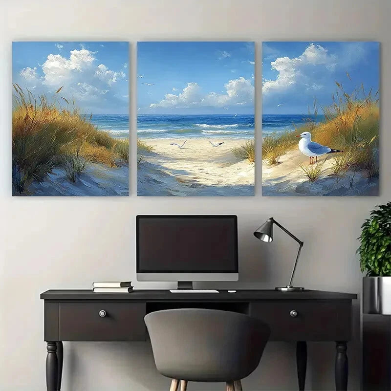 3pcs Grassy Sand Dunes Seagulls Ocean Beach Metal Print Ready to Hang Art