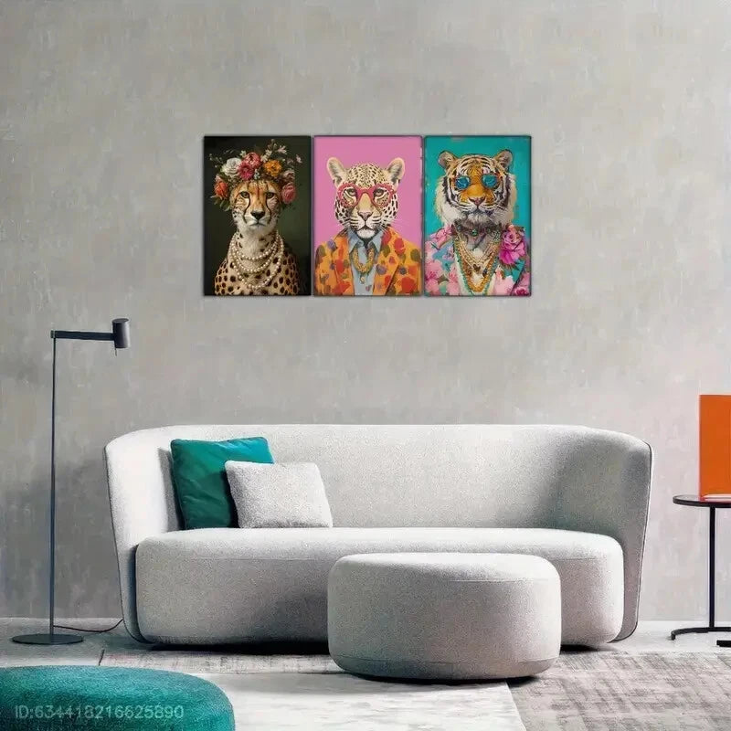 3pcs Cheetah Portrait Print Eclectic Cheetah Metal Print Ready to Hang Art