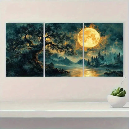 3pcs Enchanting Night Scene with Full Moon Metal Print Ready to Hang Art