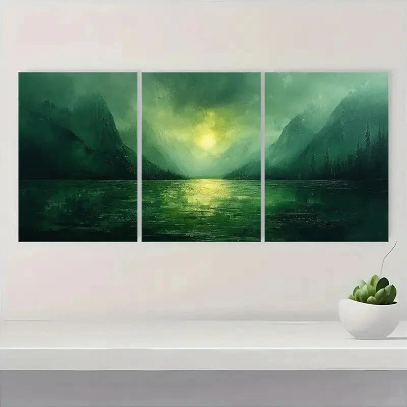 3pcs Abstract Green Mountain Landscape Art Metal Print Ready to Hang Art