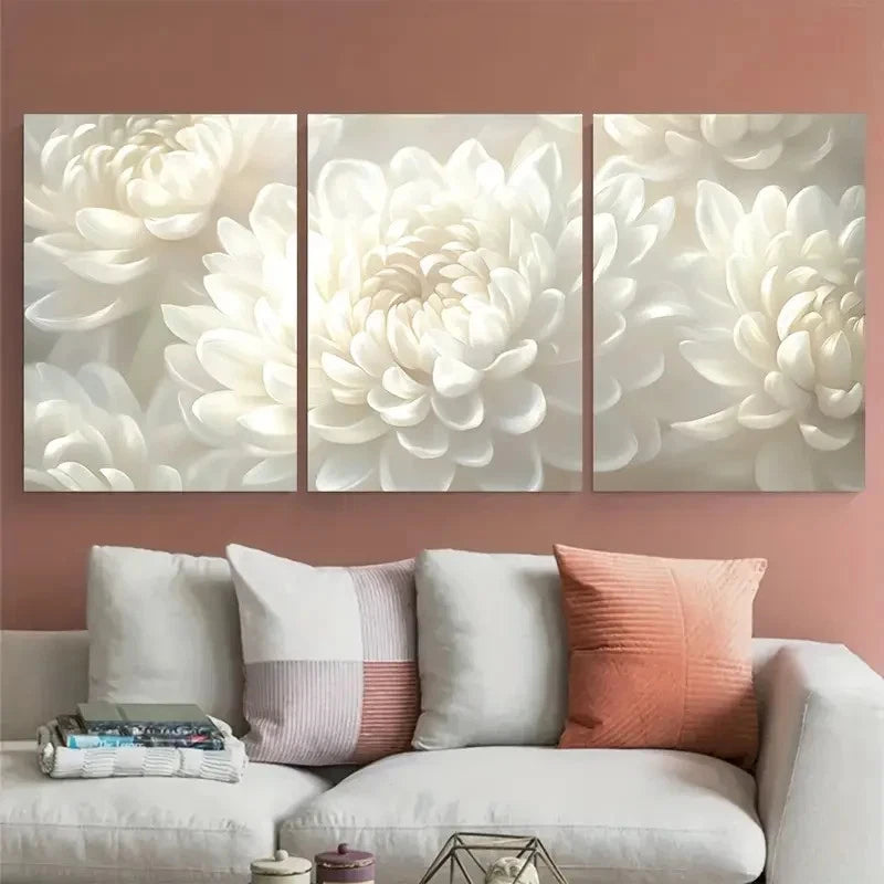 3pcs Serene White Chrysanthemum Floral Metal Print Ready to Hang Art