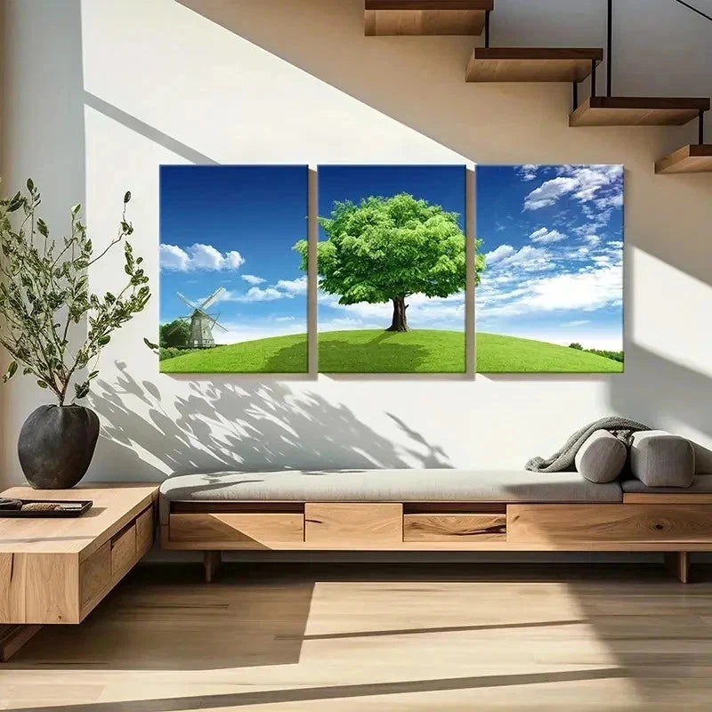 3pcs Blue Sky Grass and Big Trees Modern Wall Art Set Canvas Framed 40x60cm - High Quality Print 100% Australian Made Wall Canvas Ready to Hang