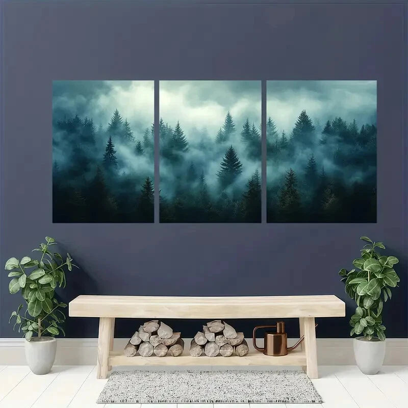 3pcs Misty Pine Forest Modern Nature Metal Print Ready to Hang Art