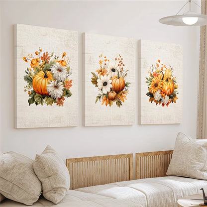 3pcs Rustic Pumpkin Watercolor Wall Art Set Canvas Framed 50x70cm - High Quality Print 100% Australian Made Wall Canvas Ready to Hang
