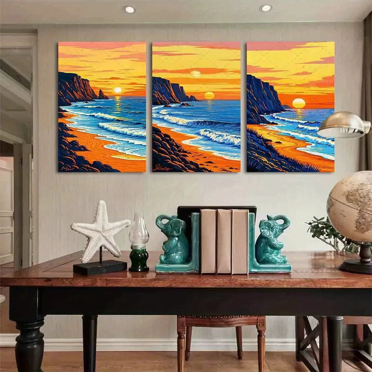 3pcs Vibrant Sunset Ocean Waves & Cliffs Metal Print Ready to Hang Art