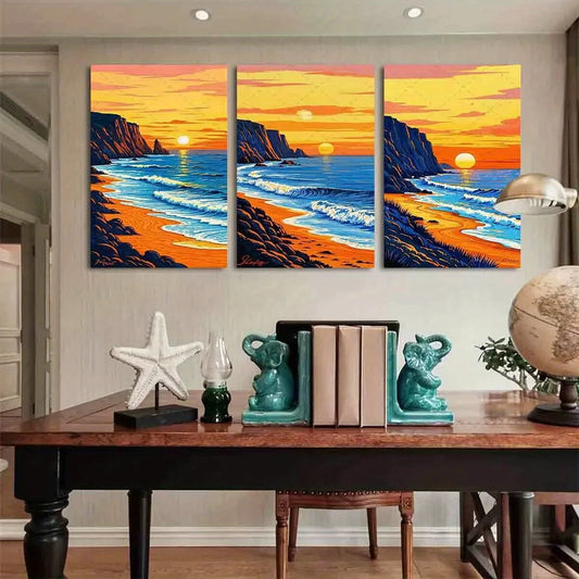 3pcs Vibrant Sunset Ocean Waves & Cliffs Metal Print Ready to Hang Art