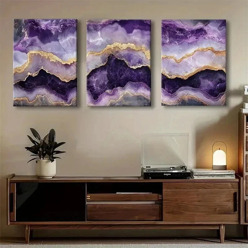 3pcs Elegant Purple Agate Luxurious Perfect Wall Art Set Canvas Framed 50x70cm - High Quality Print 100% Australian Made Wall Canvas Ready to Hang