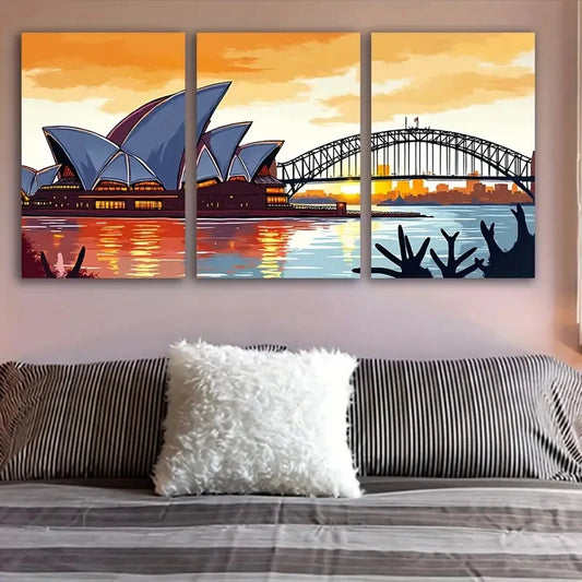 3pcs Sydney Opera House & Harbour Bridge Sunset Wall Art Set Canvas Framed 60x90cm - High Quality Print 100% Australian Made Wall Canvas Ready to Hang