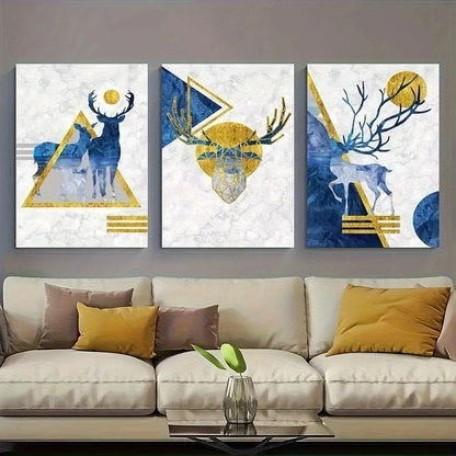 3pcs Blue and Golden Geometric Deer Metal Print Ready to Hang Art