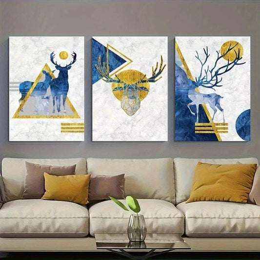 3pcs Blue and Golden Geometric Deer Metal Print Ready to Hang Art