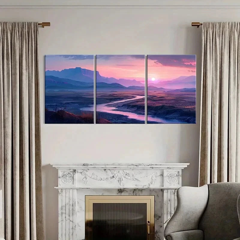 3pcs Sunset Landscape Mountain View River Flow Metal Print Ready to Hang Art