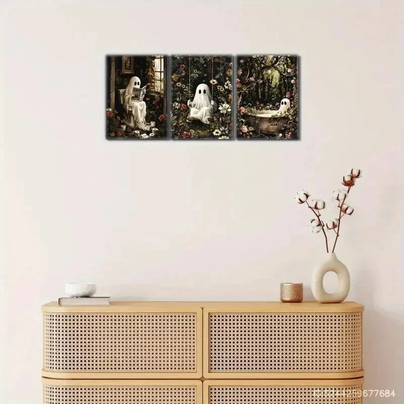 3pcs A Ghost on the Toilet Reading Taking a Bath Metal Print Ready to Hang Art
