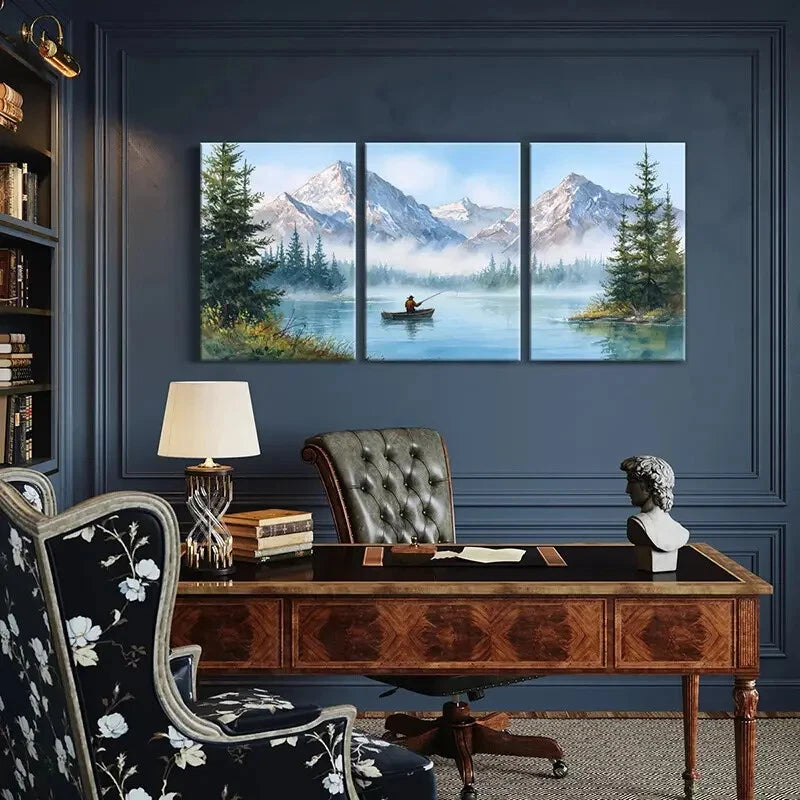 3pcs Alpine Lake Fishing Scene Mountain Metal Print Ready to Hang Art