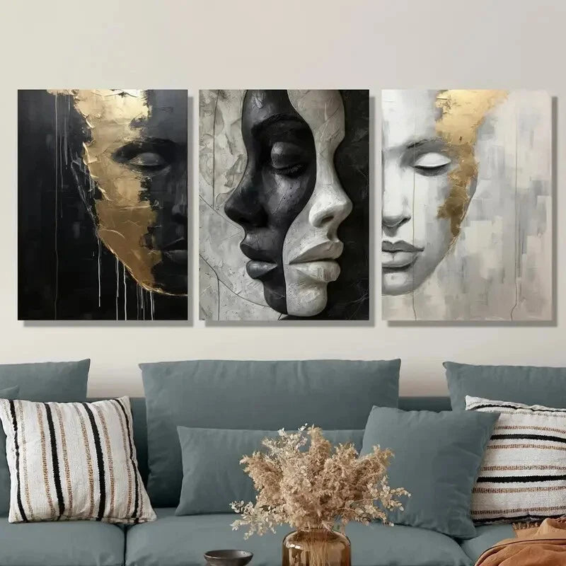 3pcs Black Golden White Abstract Face Metal Print Ready to Hang Art