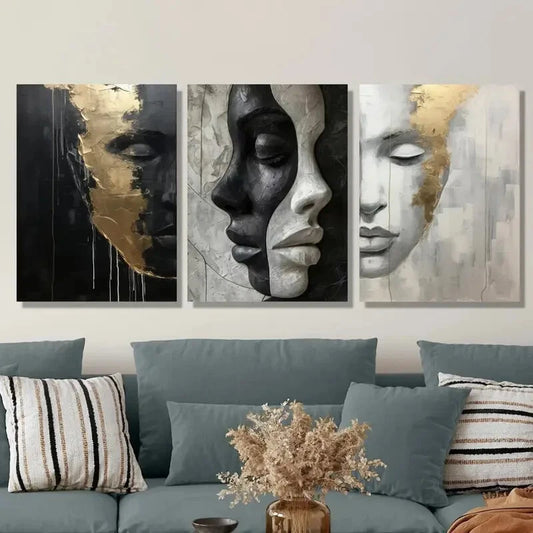 3pcs Black Golden White Abstract Face Metal Print Ready to Hang Art