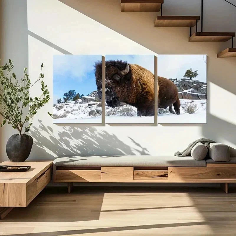 3pcs American Bison in the Snow Modern Wall Art Set Canvas Framed 40x60cm - High Quality Print 100% Australian Made Wall Canvas Ready to Hang