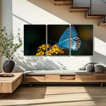 3pcs Vibrant Blue Butterfly with Yellow Flower Wall Art Set Canvas Framed 40x60cm - High Quality Print 100% Australian Made Wall Canvas Ready to Hang