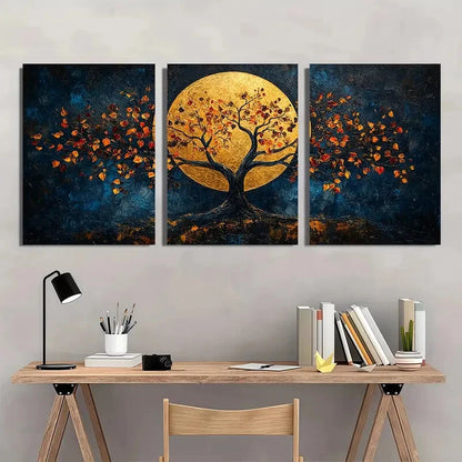 3pcs Abstract Golden Tree with Autumn Leaves Dark Metal Print Ready to Hang Art