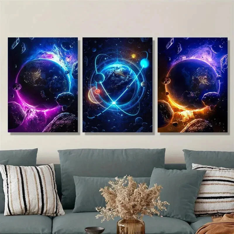 3pcs Glowing planet art, outer space art Metal Print Ready to Hang Art