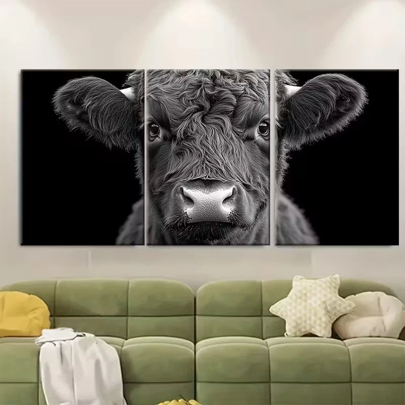 3pcs Black and White Scottish Highland Bull Metal Print Ready to Hang Art