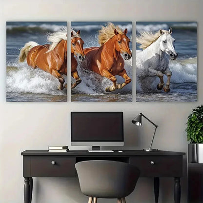 3pcs Horses Galloping Through Ocean Waves Metal Print Ready to Hang Art