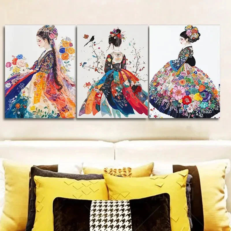 3pcs Traditional Korean Paintings Metal Print Ready to Hang Art