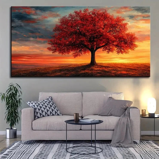 Vibrant Red Sunset Tree wall canvas office home room framed 120x60cm - Bella Home Decor