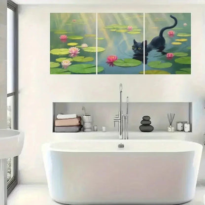 3pcs Black Cat Water Lilies Painting Metal Print Ready to Hang Art