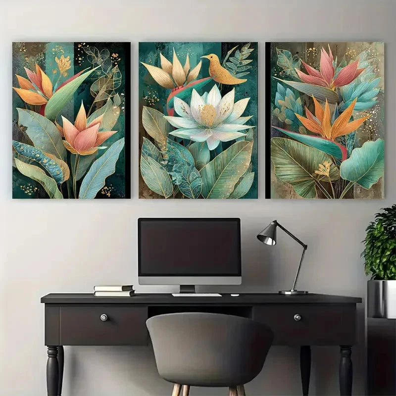 3pcs Angel Falls Venezuela Vintage Floral Wall Art Set Canvas Framed 50x70cm - High Quality Print 100% Australian Made Wall Canvas Ready to Hang