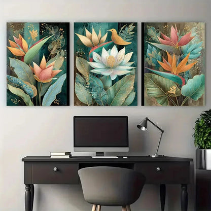 3pcs Angel Falls Venezuela Vintage Floral Wall Art Set Canvas Framed 50x70cm - High Quality Print 100% Australian Made Wall Canvas Ready to Hang