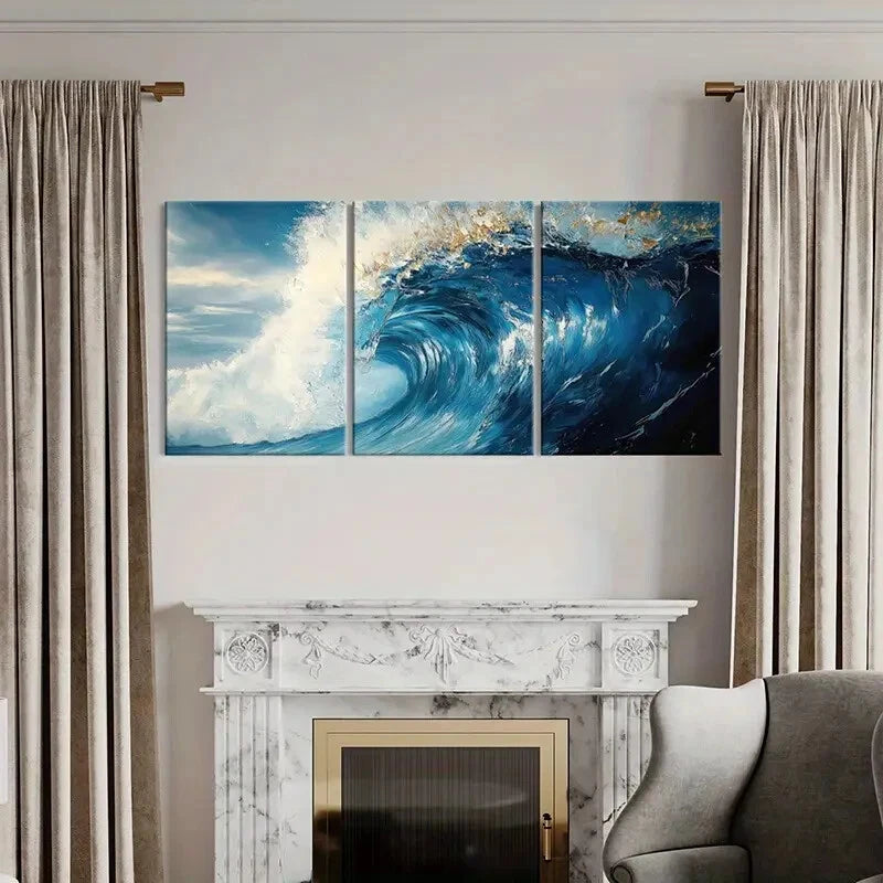 3pcs Abstract Ocean Wave Art Blue Sea Spray Metal Print Ready to Hang Art