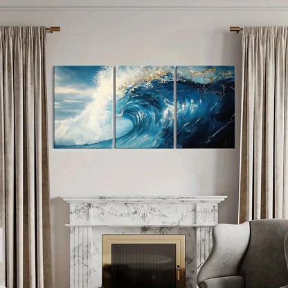 3pcs Abstract Ocean Wave Art Blue Sea Spray Metal Print Ready to Hang Art