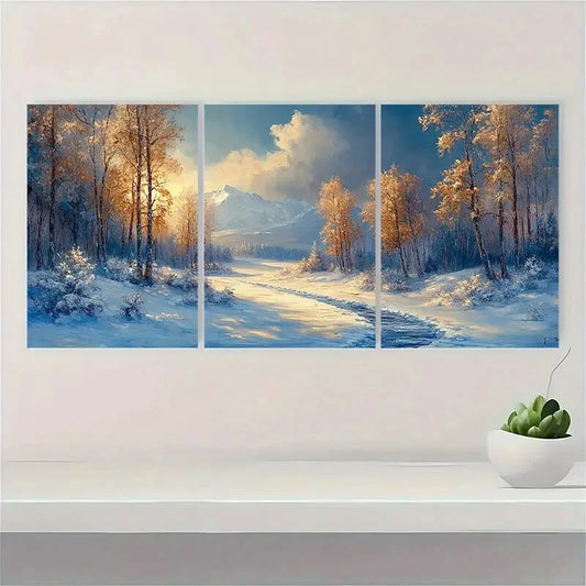 3pcs Forest Snow Scene Landscape Painting Metal Print Ready to Hang Art