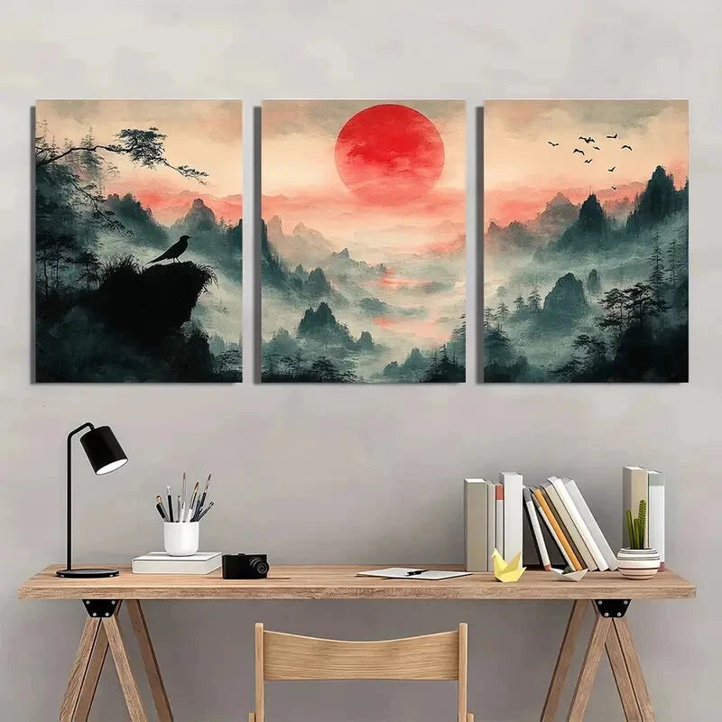 3pcs Japanese-Inspired Mountain Morning Painting Metal Print Ready to Hang Art