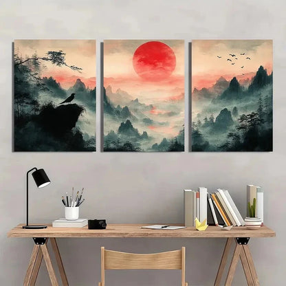 3pcs Japanese-Inspired Mountain Morning Painting Metal Print Ready to Hang Art