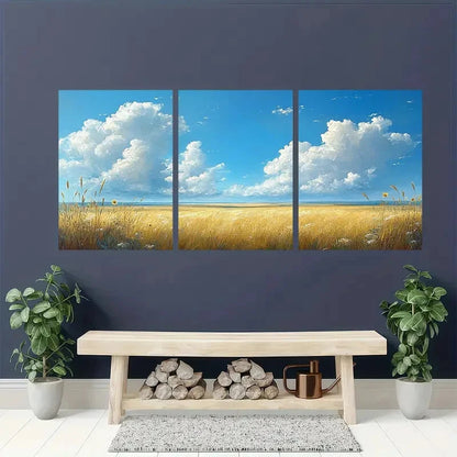 3pcs White Cloudy Blue Sky & Golden Wheat Field Metal Print Ready to Hang Art
