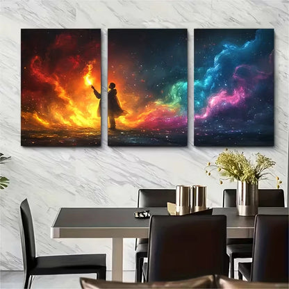 3pcs Boy Holding Flare in Darkness Rainbow Smoke Metal Print Ready to Hang Art