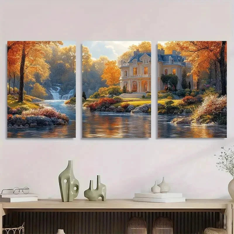 3pcs Vintage Mansion Elegant Landscape Painting Metal Print Ready to Hang Art
