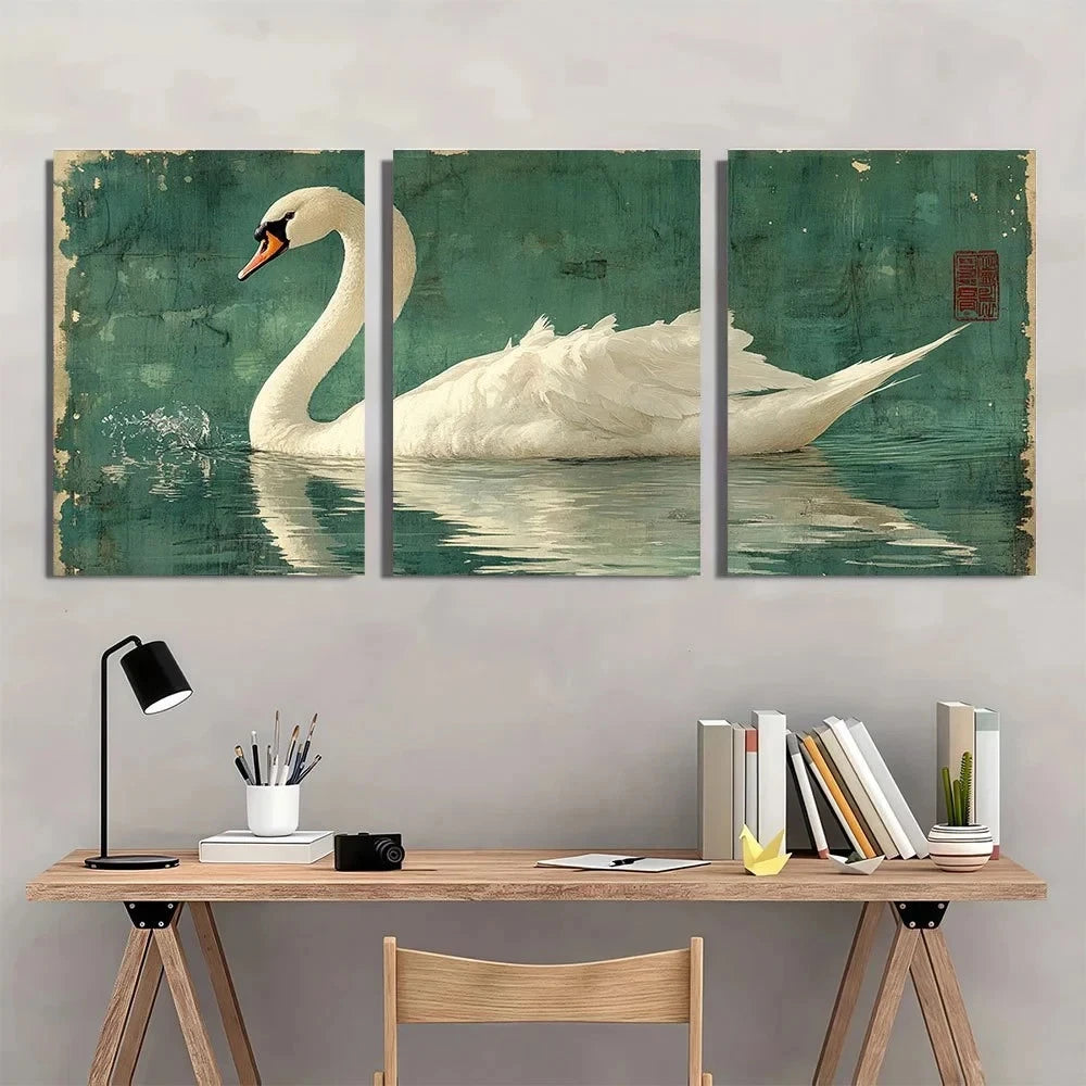 3pcs Vintage Swan White Bird Themed Metal Print Ready to Hang Art