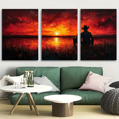 3pcs Cowboy Campfire Sunset Western Rustic Ranch Metal Print Ready to Hang Art