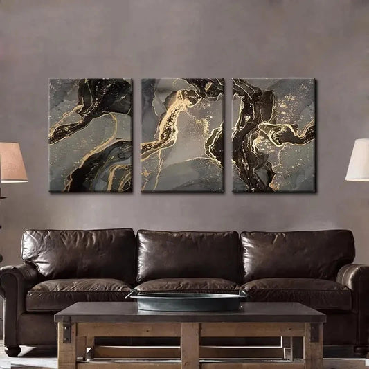 3pcs Abstract Black and Golden Metal Print Ready to Hang Art