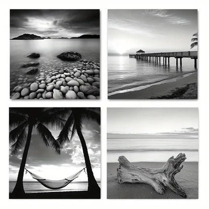 4pcs Black And White Beach Sunrise On Sea Scener Wall Art Canvas Framed