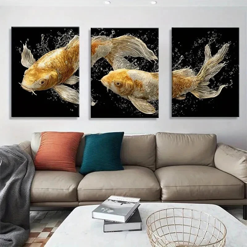 3pcs Golden Koi Fish Prosperity Symbol Wall Art Metal Print Ready to Hang Art
