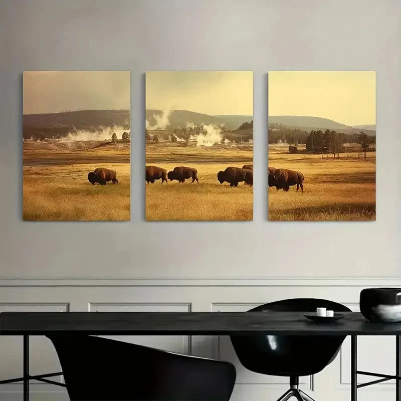 3pcs Vintage Bison Herd Grazing in Landscape Metal Print Ready to Hang Art